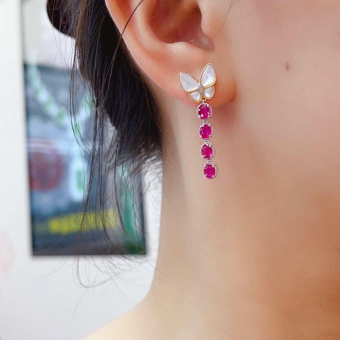 14k Gold 2.65 Ct Natural Ruby & Diamond & Butterfly Earrings - 6