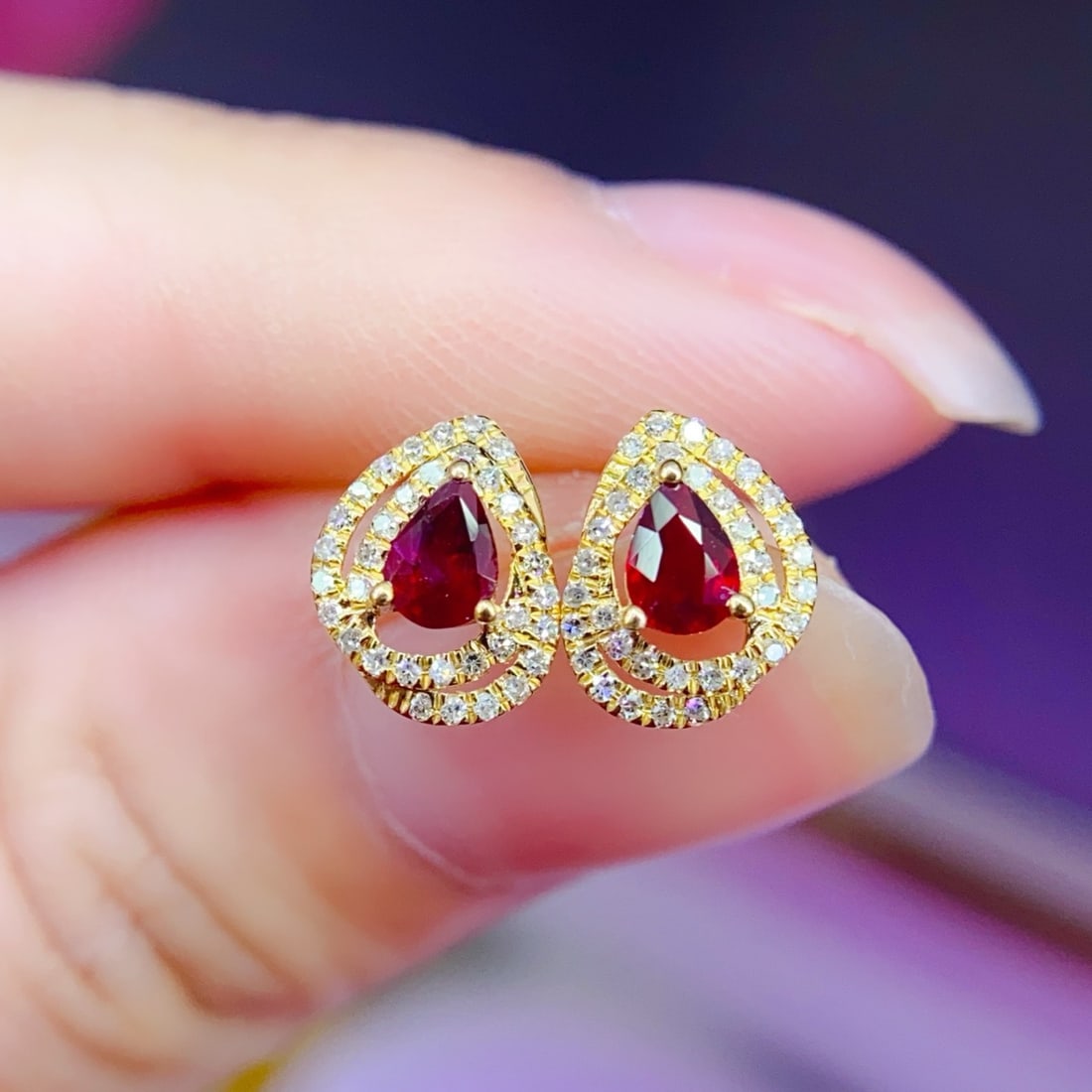 14k Gold 0.44 Ct Natural Ruby & Diamond Earrings - 5