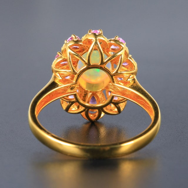 14k Gold 1.4 Ctw Natural Opal & Sapphire Ring - 4