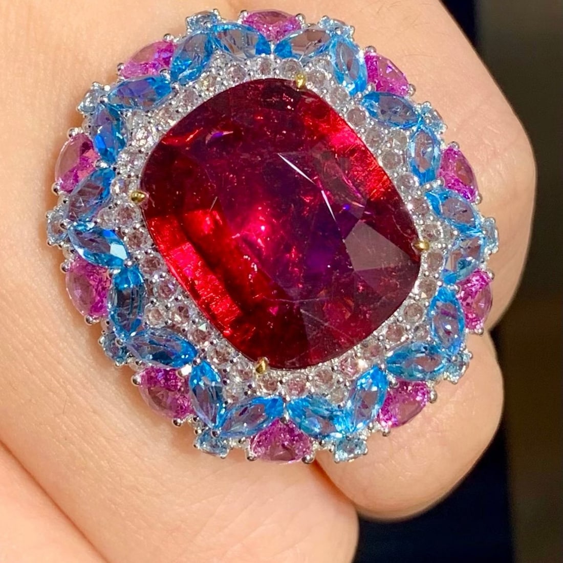 14k Gold 14.02 Ct Natural Tourmaline & Diamond & Coloured Gemstone Ring - 2