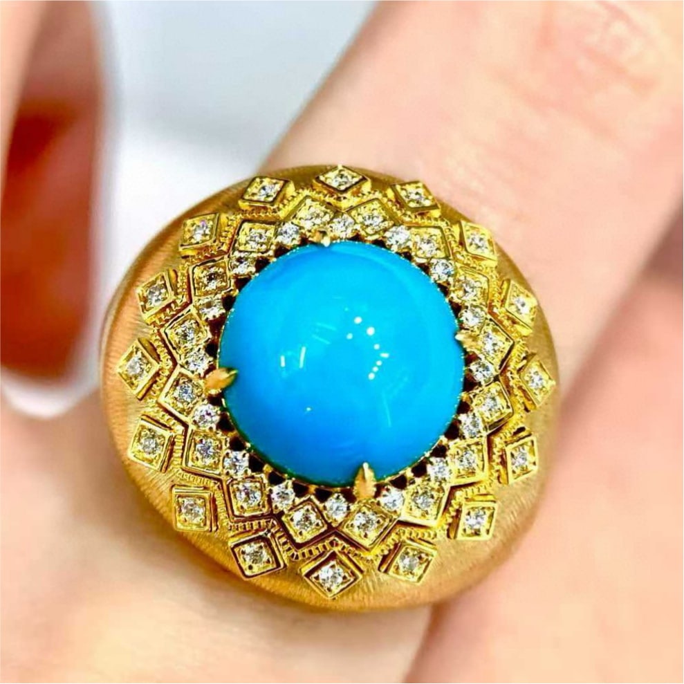 14k Gold 3.87 Ctw Natural Blue Turquoise & Diamond Ring: Ref:231157058 // gold content:14k gold // ring size:7. 25us // // main gemstone:blue turquoise // shape:round // carat weight:3. 63ct // color:blue // treatment:natural // cut grade:g // // adjacent g