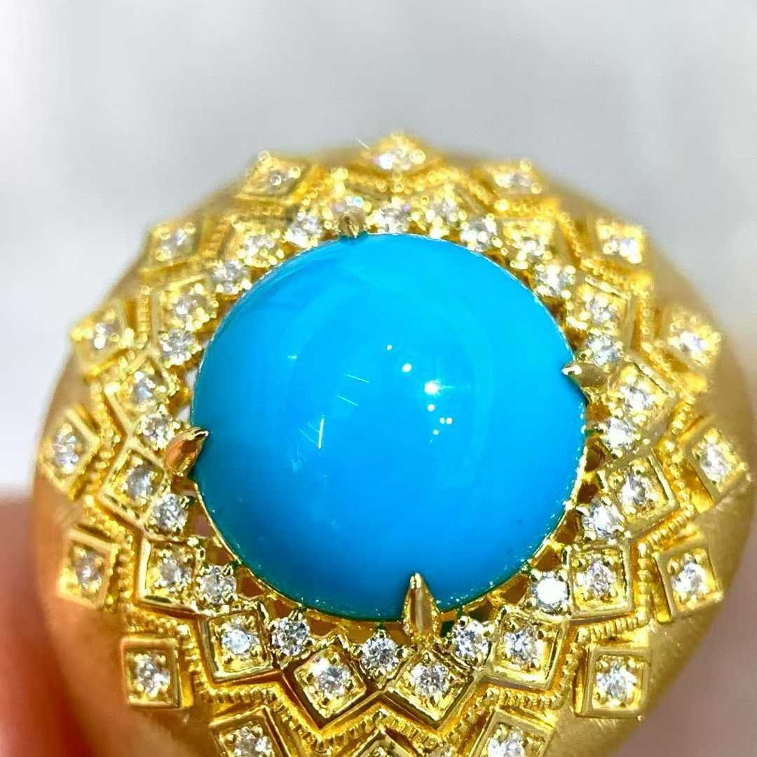 14k Gold 3.87 Ctw Natural Blue Turquoise & Diamond Ring - 4