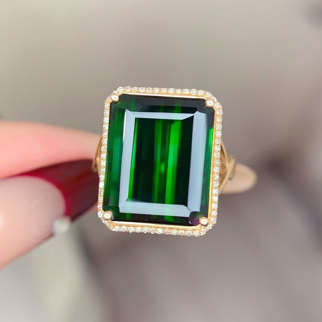14k Gold 14 Ct Natural Tourmaline & Diamond Ring: Ref:231157063 // gold content:14k gold // ring size:7. 25us // // main gemstone:tourmaline // shape:octagonal // carat weight:14ct // color:green // treatment:natural // // adjacent gemstone 2 : diamo