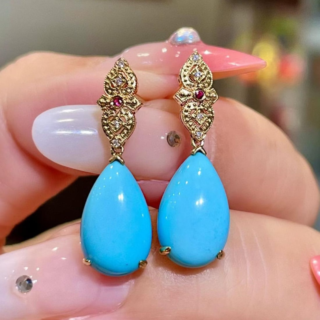 14k Gold 5.68 Ct Natural Blue Turquoise & Diamond & Ruby Earrings: Ref:231157064 // gold content:14k gold // main gemstone:blue turquoise // shape:pear // carat weight:5. 68ct // color:blue // treatment:natural // // adjacent gemstone 2 : diamond // shape:round //