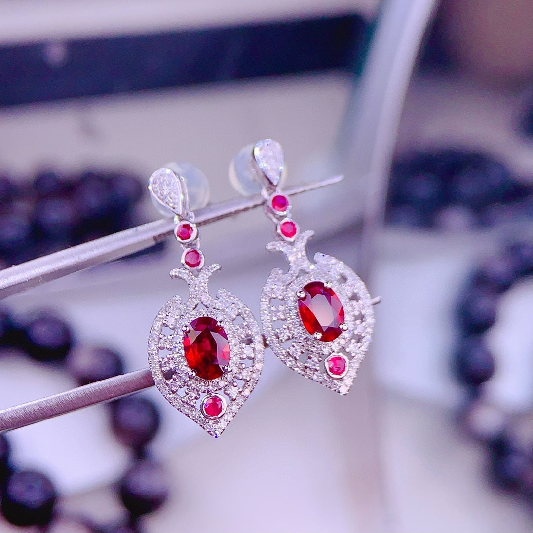 14k Gold 0.95 Ct Natural Ruby & Diamond & Ruby Earrings - 2