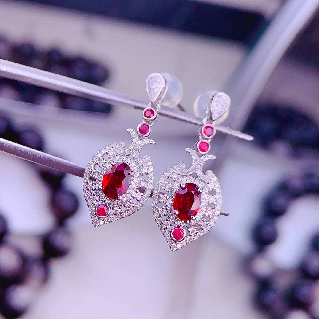 14k Gold 0.95 Ct Natural Ruby & Diamond & Ruby Earrings - 3