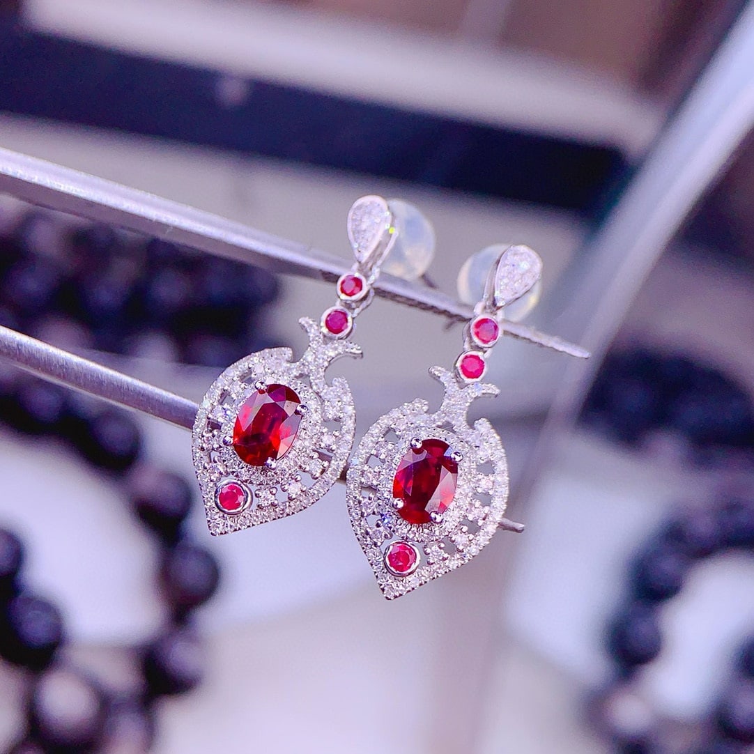 14k Gold 0.95 Ct Natural Ruby & Diamond & Ruby Earrings - 5