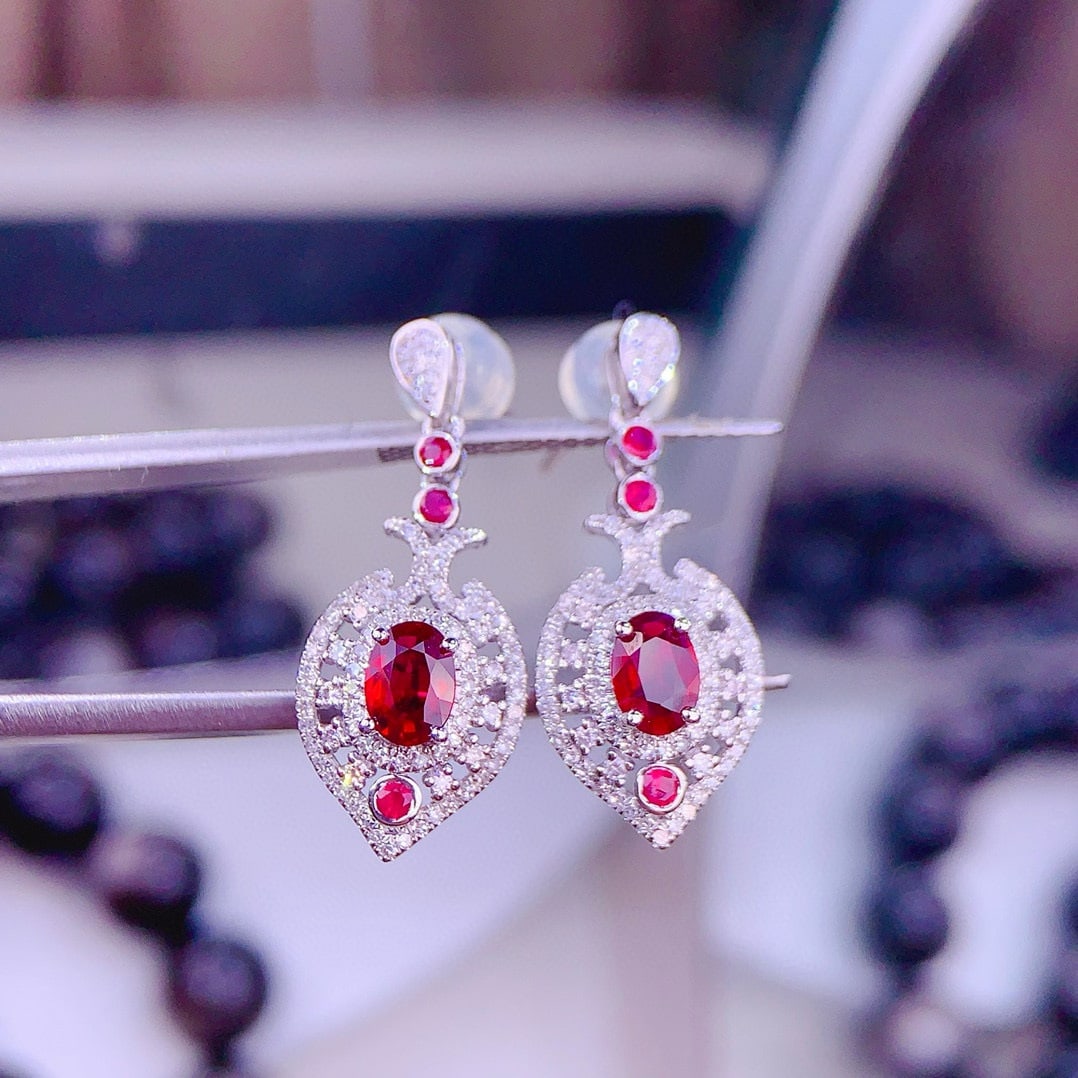14k Gold 0.95 Ct Natural Ruby & Diamond & Ruby Earrings - 6
