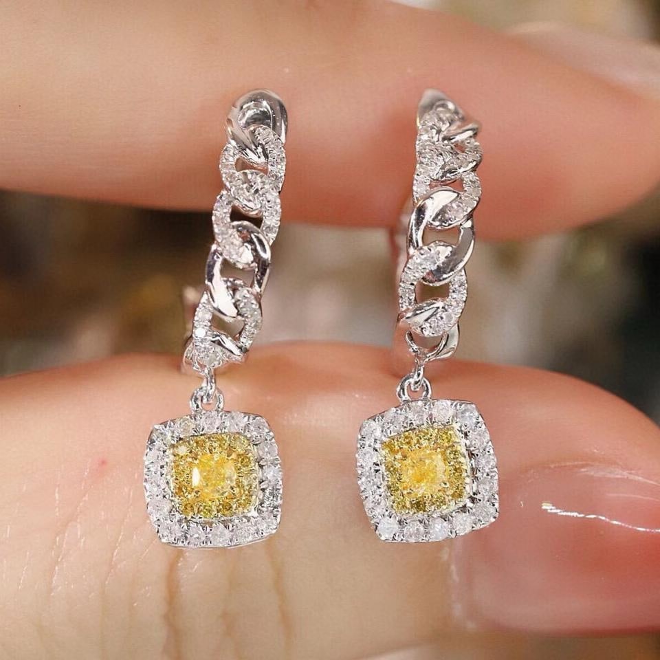 14k Gold 0.62 Ctw Natural Yellow Diamond & Diamond Earrings: Ref:231157093 // gold content:14k gold // main gemstone:yellow diamond // shape:cushion // carat weight:0. 2ct // color:yellow // treatment:natural // // adjacent gemstone 2 : diamond // shape:round