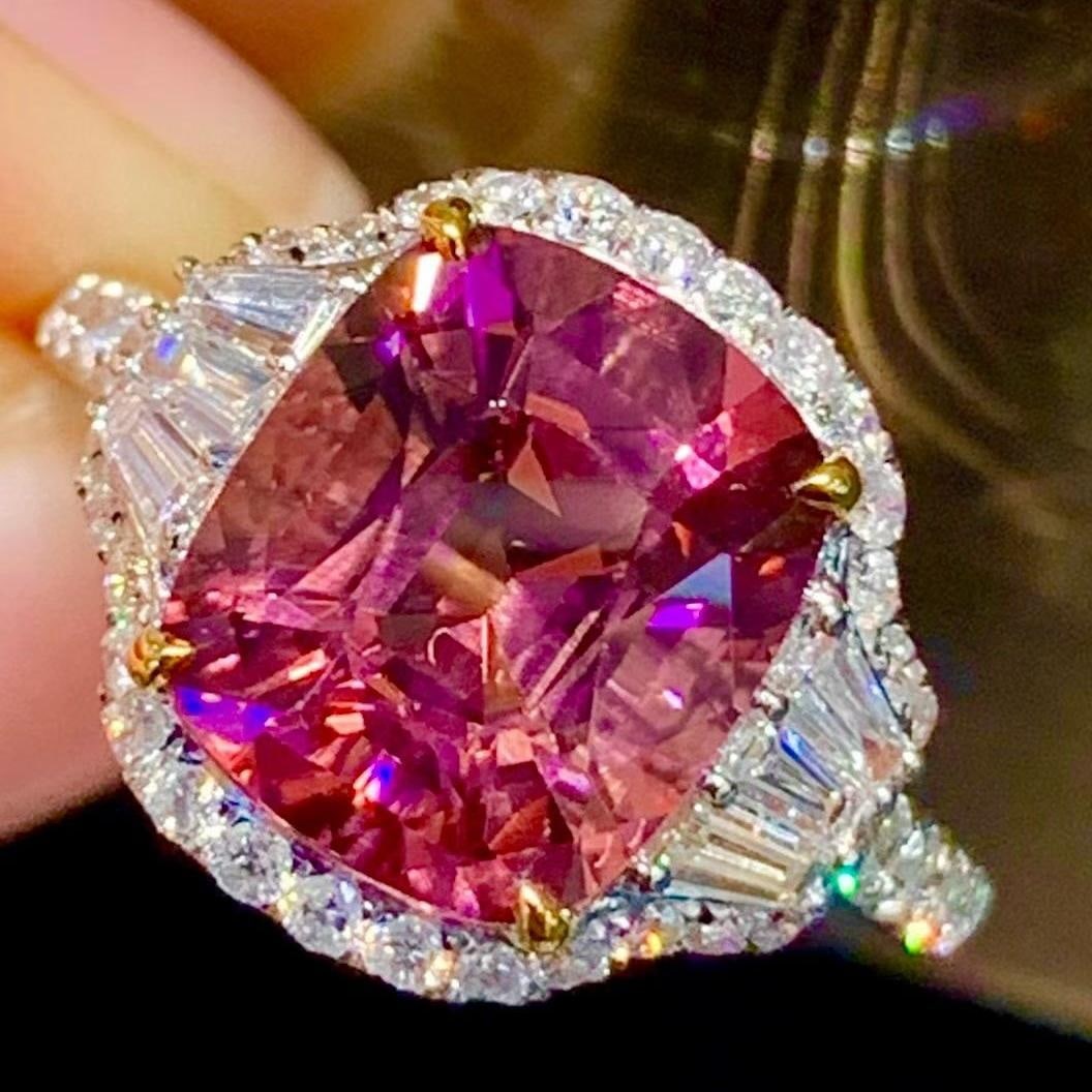 14k Gold 3.39 Ct Natural Tourmaline & Diamond Ring: Ref:231157113 // gold content:14k gold // ring size:7. 25us // // main gemstone:tourmaline // shape:cushion // carat weight:3. 39ct // color:orangish pink // treatment:natural // // adjacent gemstone 
