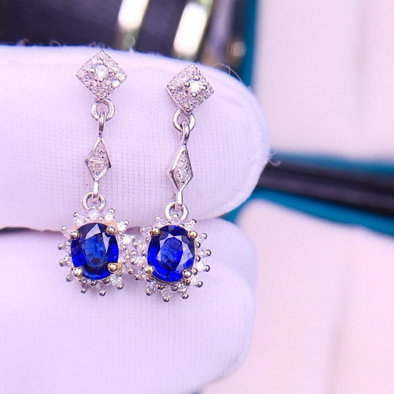 14k Gold 1.2 Ct Natural Sapphire & Diamond Earrings - 2