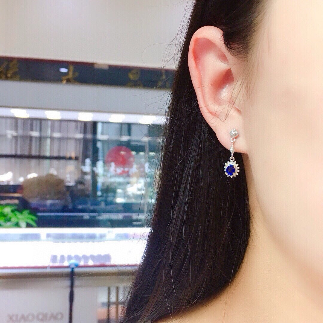 14k Gold 1.2 Ct Natural Sapphire & Diamond Earrings - 4