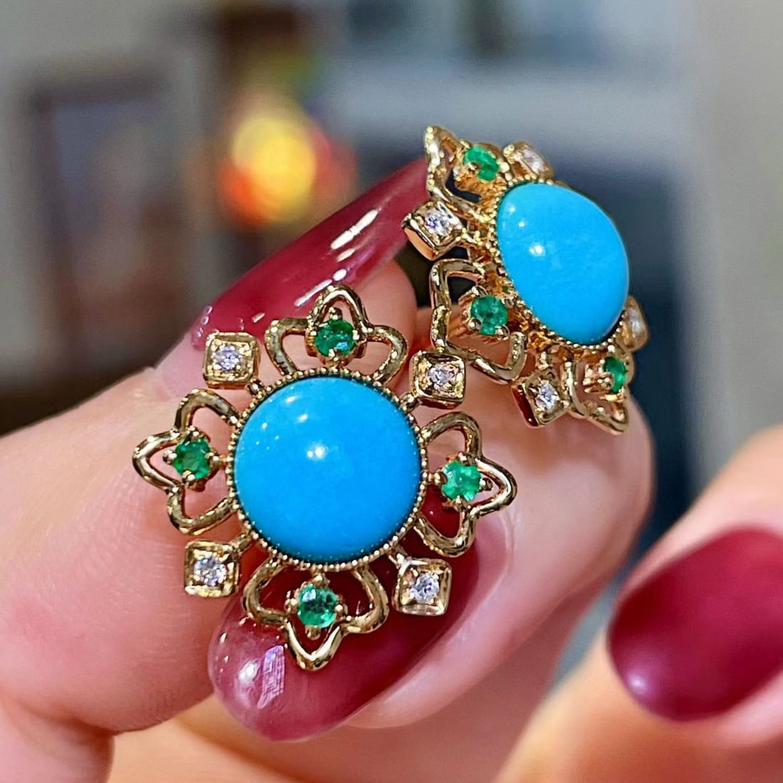 14k Gold 3.77 Ctw Natural Blue Turquoise & Emerald Earrings - 4