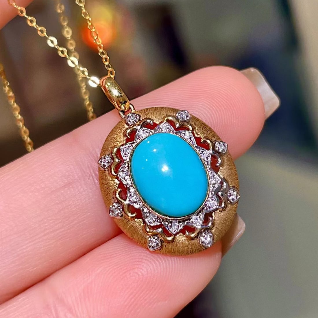 14k Gold 2.12 Ct Natural Blue Turquoise & Diamond Pendant( Without Chain ) - 2