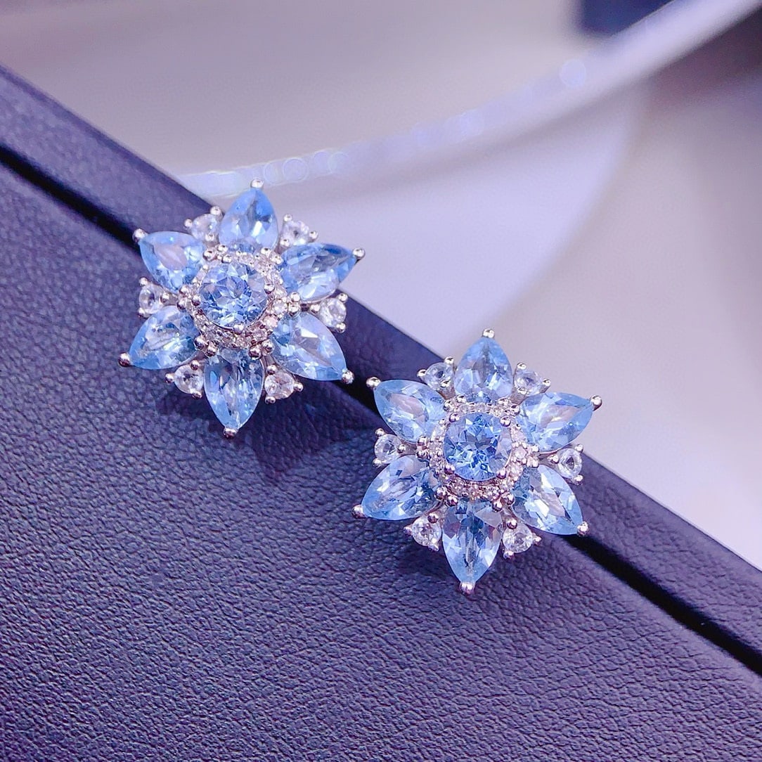 14k Gold 5.9 Ct Natural Aquamarine & Diamond Earrings - 2