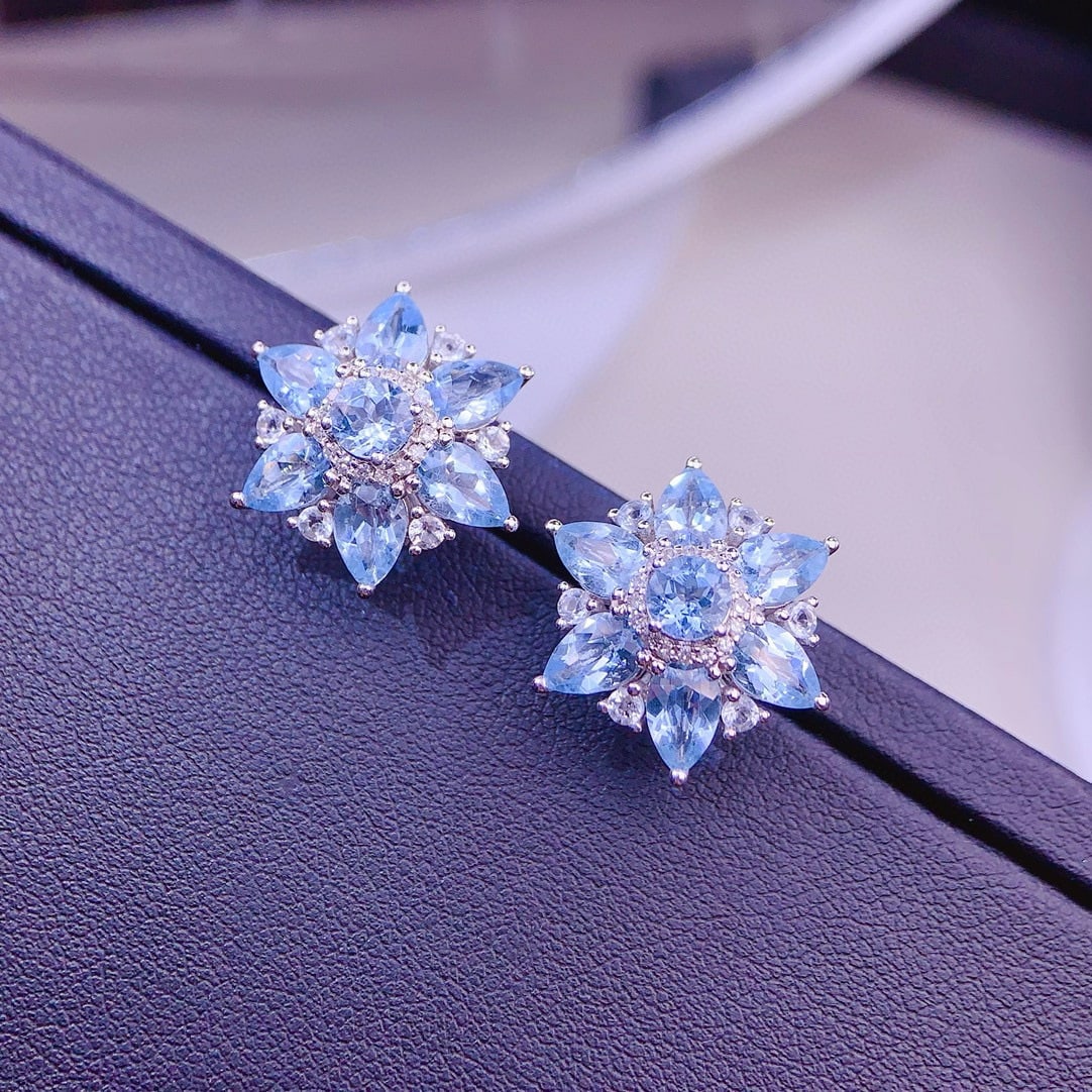 14k Gold 5.9 Ct Natural Aquamarine & Diamond Earrings - 4