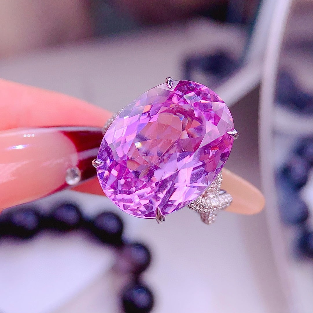 14k Gold 21.3 Ct Natural Kunzite & Diamond Ring - 2