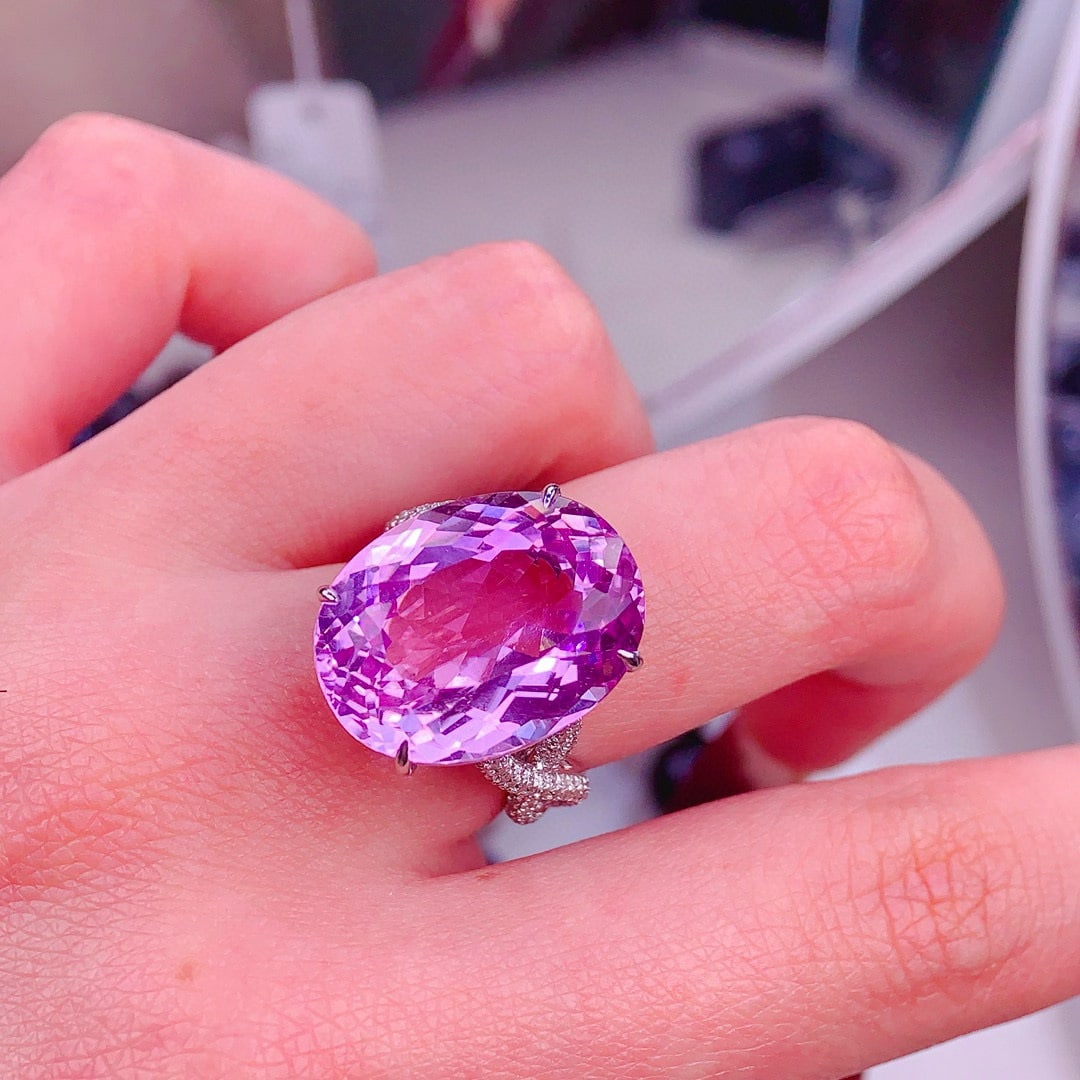 14k Gold 21.3 Ct Natural Kunzite & Diamond Ring - 4