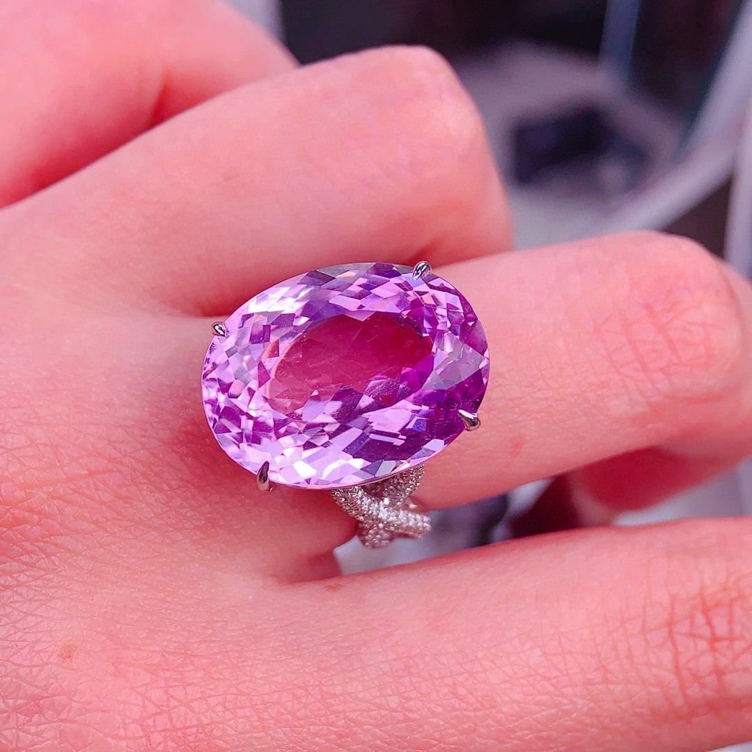 14k Gold 21.3 Ct Natural Kunzite & Diamond Ring - 5