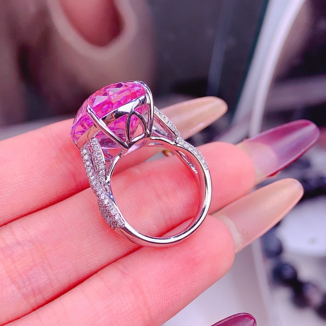 14k Gold 21.3 Ct Natural Kunzite & Diamond Ring - 6