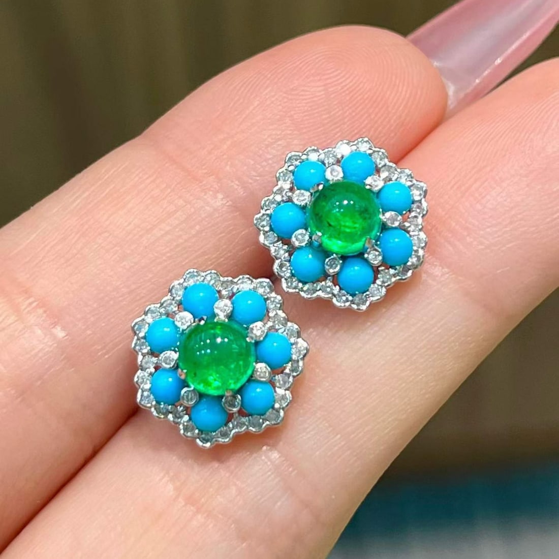 14k Gold 1.5 Ct Natural Emerald & Blue Turquoise & Diamond Earrings - 2