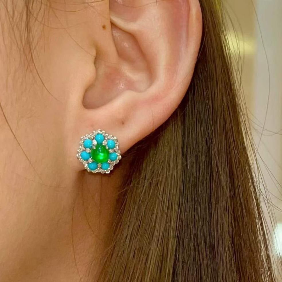 14k Gold 1.5 Ct Natural Emerald & Blue Turquoise & Diamond Earrings - 3
