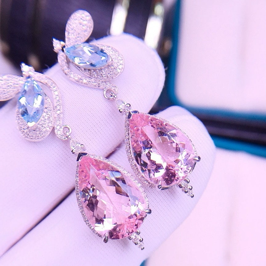 14k Gold 7.95 Ct Natural Morganite & Aquamarine & Diamond Earrings: Ref:231157206 // gold content:14k gold // main gemstone:morganite // shape:pear // carat weight:7. 95ct // color:pink // treatment:natural // // adjacent gemstone 2 : aquamarine // shape:marquise //