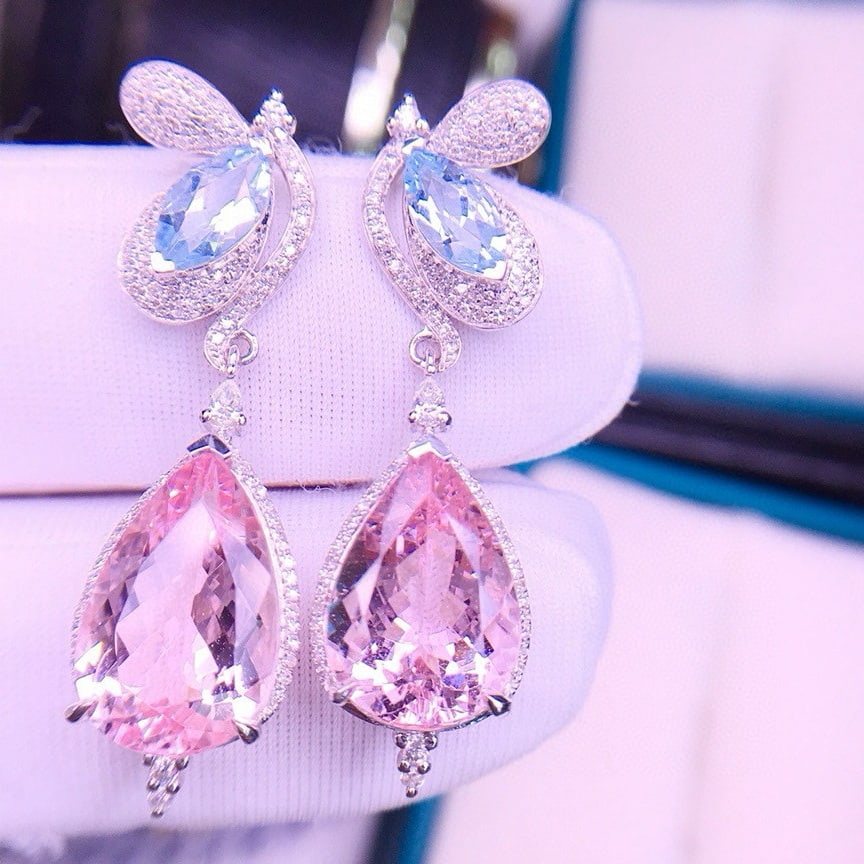 14k Gold 7.95 Ct Natural Morganite & Aquamarine & Diamond Earrings - 2