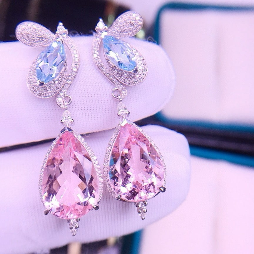 14k Gold 7.95 Ct Natural Morganite & Aquamarine & Diamond Earrings - 3