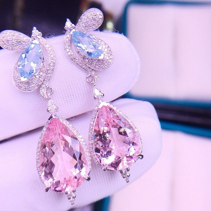 14k Gold 7.95 Ct Natural Morganite & Aquamarine & Diamond Earrings - 4