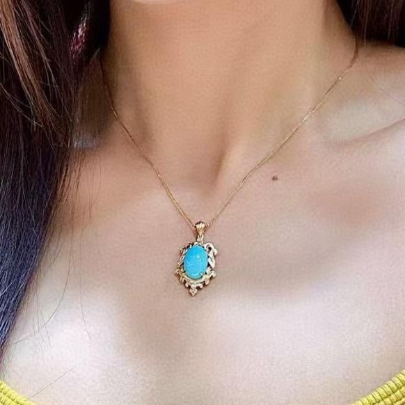 14k Gold 4.79 Ct Natural Blue Turquoise & Diamond Pendant( Without Chain ) - 3