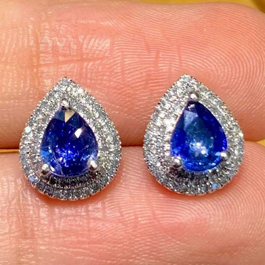 14k Gold 1.3 Ct Natural Sapphire & Diamond Earrings - 2