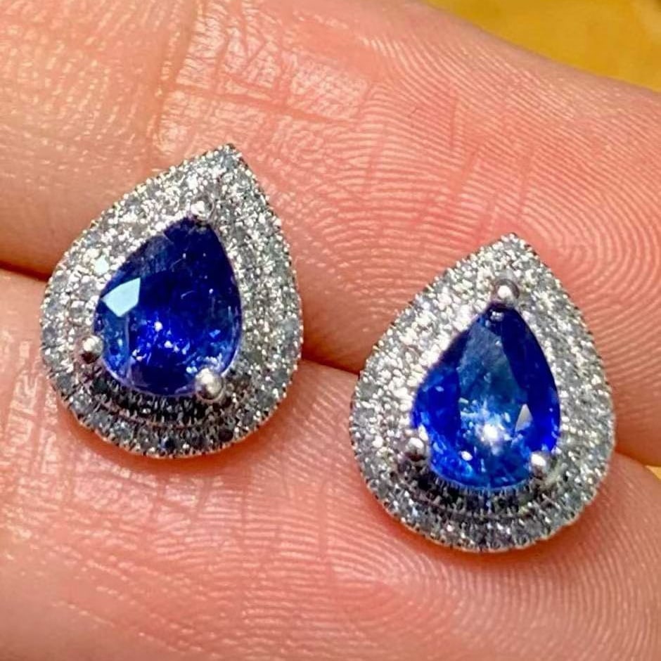 14k Gold 1.3 Ct Natural Sapphire & Diamond Earrings - 3