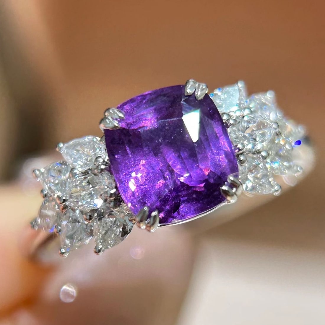 14k Gold 2.75 Ctw Natural Sapphire & Diamond Ring: Ref:231157217 // gold content:14k gold // ring size:7. 25us // // main gemstone:sapphire // shape:cushion // carat weight:2. 05ct // color:purple // treatment:natural // // adjacent gemstone 2 : diamo