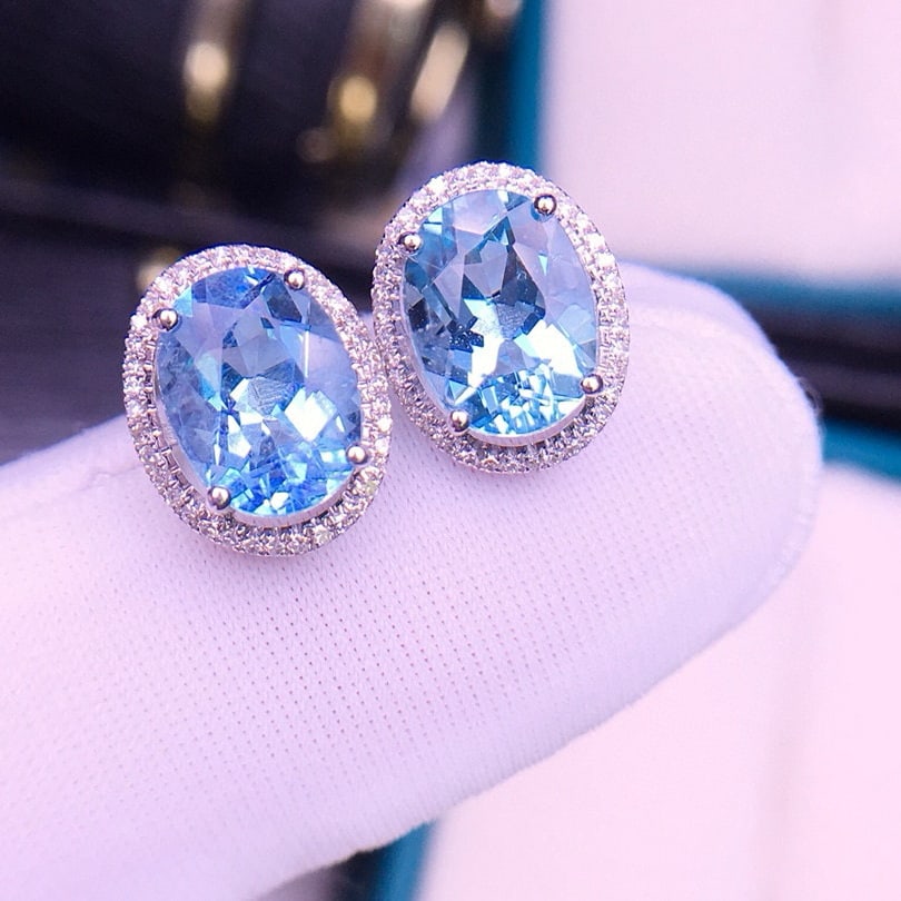 14k Gold 2.9 Ct Natural Aquamarine & Diamond Earrings - 6