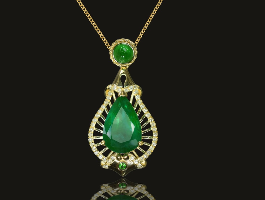 14k Gold 3.28 Ctw Natural Emerald & Tsavorite Pendant( Without Chain ) - 5