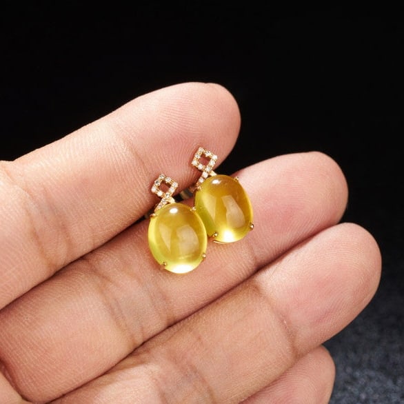 14k Gold 8.2 Ct Natural Prehnite & Diamond Earrings - 8