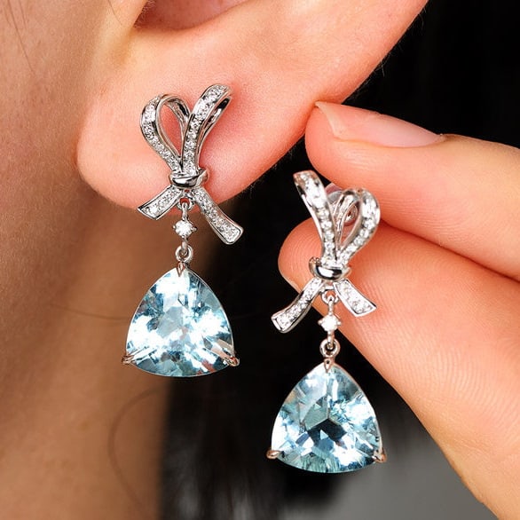 14k Gold 6.04 Ct Natural Aquamarine & Diamond Earrings - 8