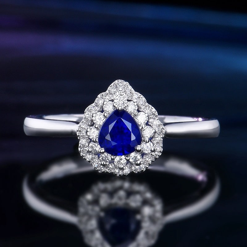 14k Gold 0.68 Ctw Natural Sapphire & Diamond Ring: Ref:231158055 // gold content:14k gold // ring size:7. 25us // // main gemstone:sapphire // shape:pear // carat weight:0. 5ct // color:royal blue // treatment:natural // // adjacent gemstone 2 :
