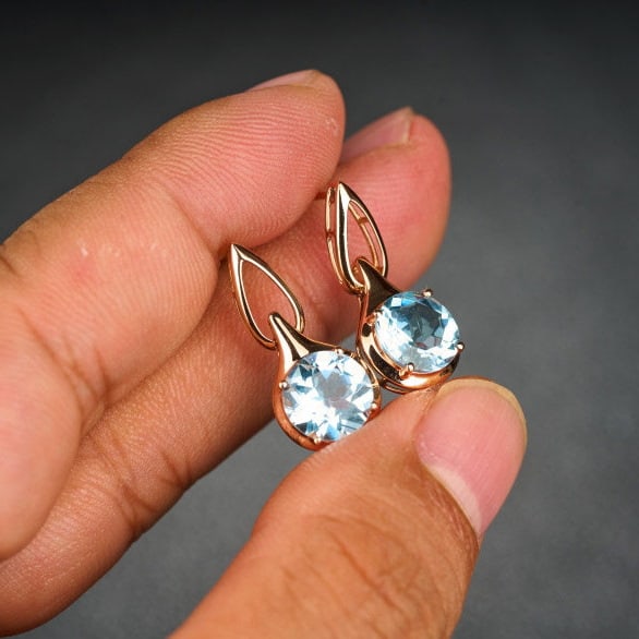 14k Gold 3.19 Ct Natural Aquamarine Earrings - 8