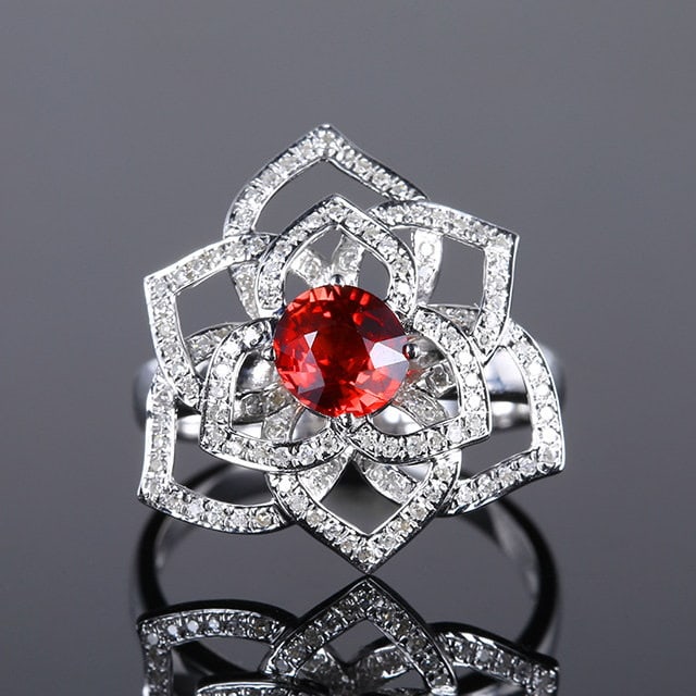 14k Gold 1.35 Ctw Natural Ruby & Diamond & Flowers Ring: Ref:231158066 // gold content:14k gold // ring size:7. 25us // // main gemstone:ruby // shape:round // carat weight:1. 00ct // color:red // treatment:natural // cut grade:g // // adjacent gemstone 2 :