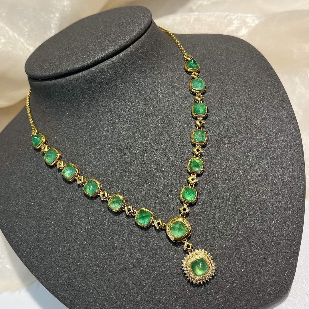 14k Gold 10.36 Ct Natural Emerald & Diamond Necklace - 3