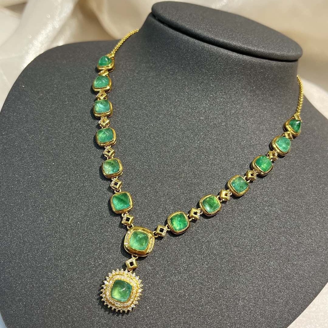 14k Gold 10.36 Ct Natural Emerald & Diamond Necklace - 5