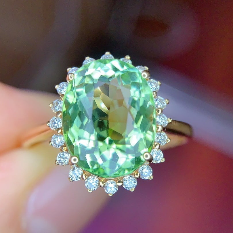 14k Gold 3.5 Ct Natural Tourmaline & Diamond Ring: Ref:231158095 // gold content:14k gold // ring size:7. 25us // // main gemstone:tourmaline // shape:oval // carat weight:3. 5ct // color:green // treatment:natural // // adjacent gemstone 2 : diamond