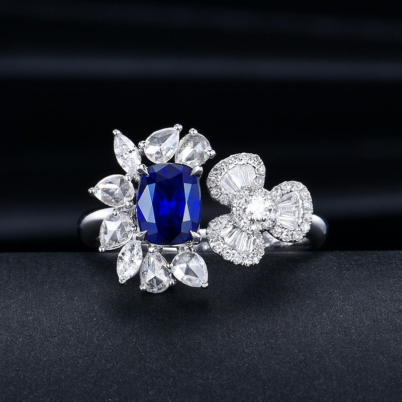 14k Gold 1.93 Ctw Natural Sapphire & Diamond Ring: Ref:231158110 // gold content:14k gold // ring size:7. 25us // // main gemstone:sapphire // shape:cushion // carat weight:1. 27ct // color:royal blue // treatment:natural // // adjacent gemstone 2 : d