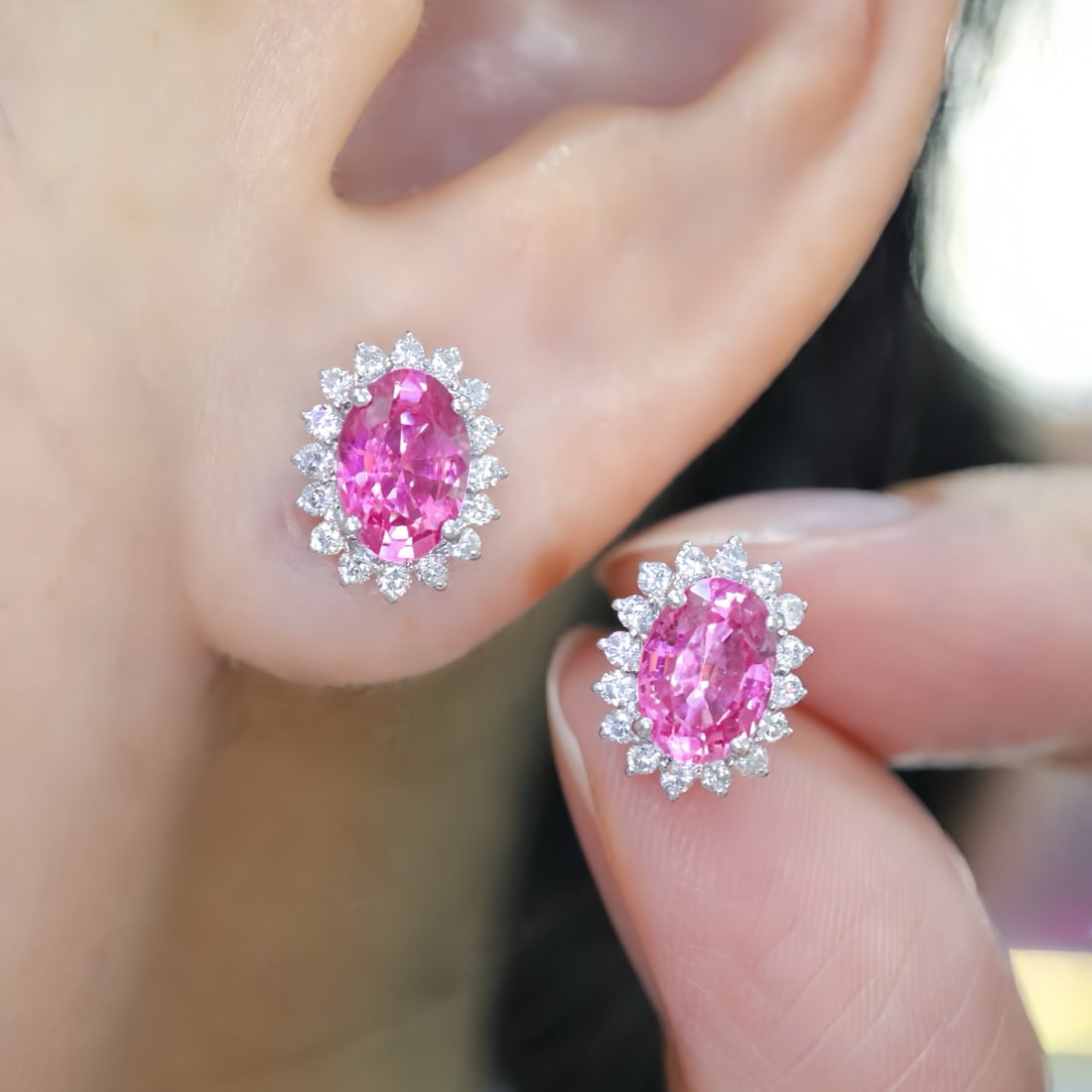 14k Gold 2.04 Ctw Natural Padparadscha Sapphire & Diamond Earrings - 5