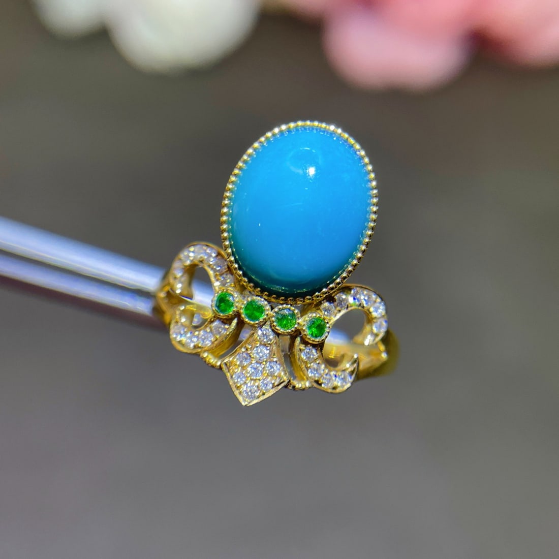 14k Gold 2.81 Ctw Natural Blue Turquoise & Diamond Ring - 3