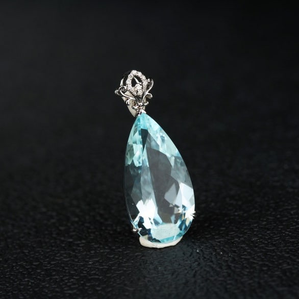 14k Gold 7.98 Ct Natural Aquamarine & Diamond Pendant( Without Chain ) - 6