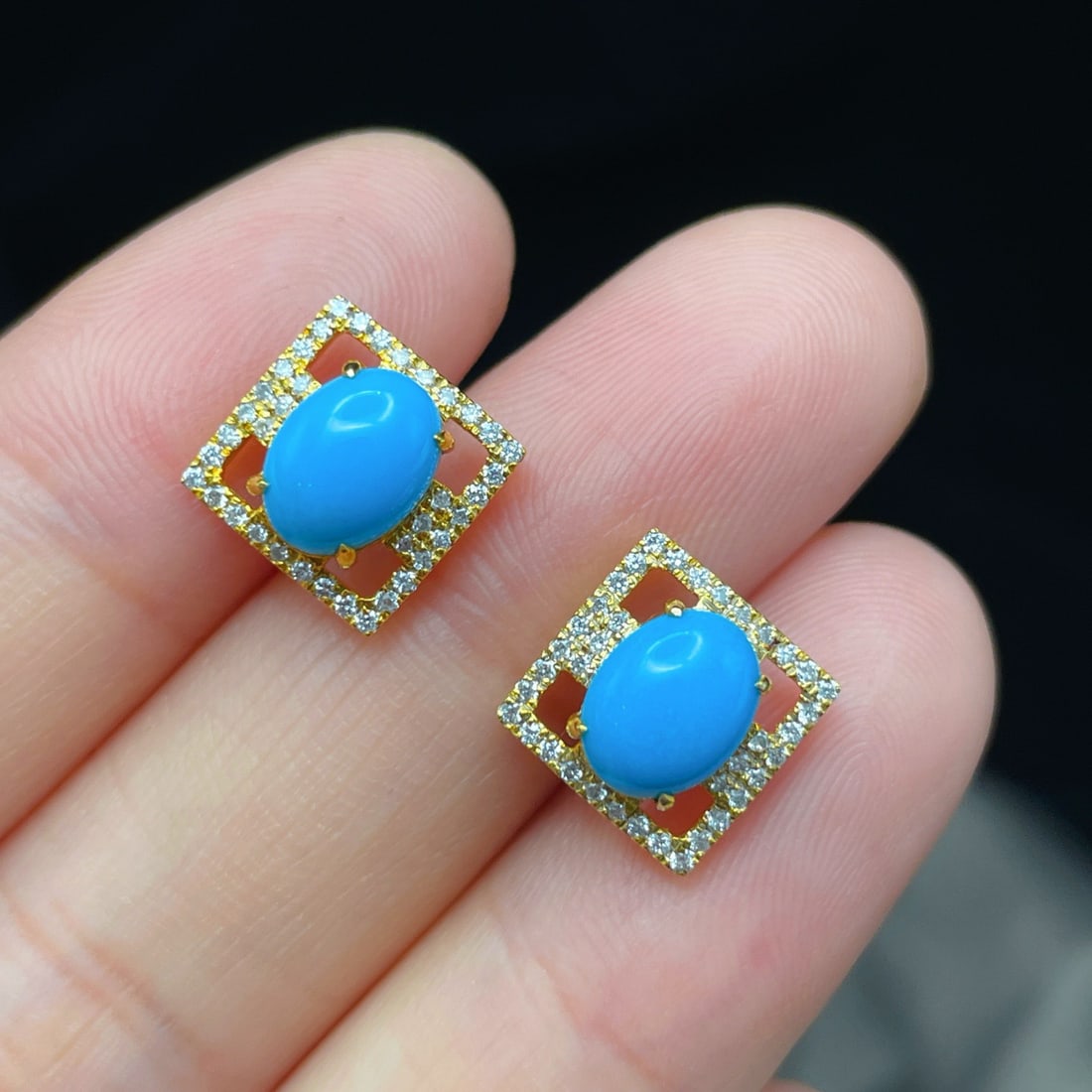 14k Gold 2.25 Ctw Natural Blue Turquoise & Diamond Earrings - 2