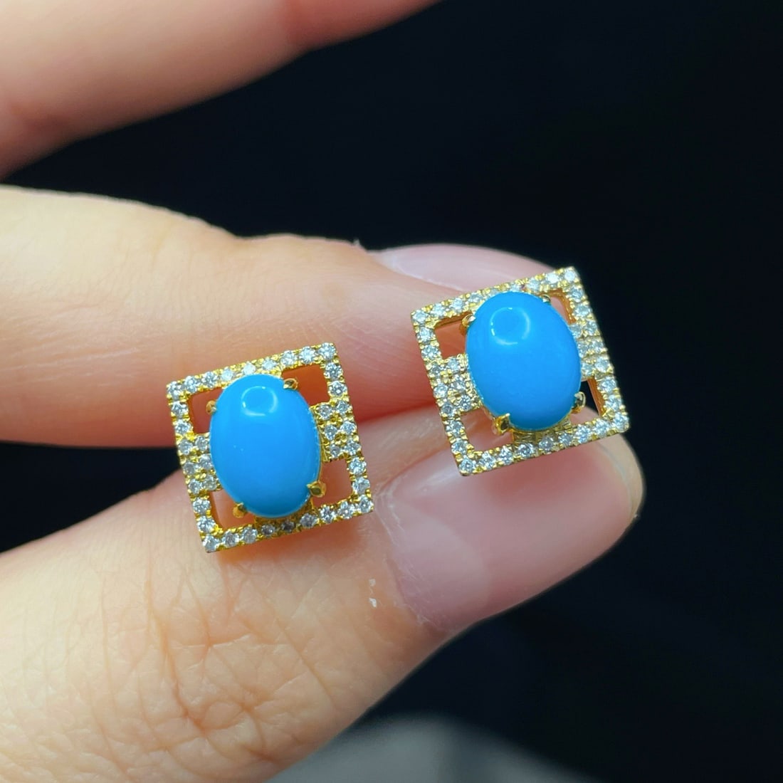 14k Gold 2.25 Ctw Natural Blue Turquoise & Diamond Earrings - 3